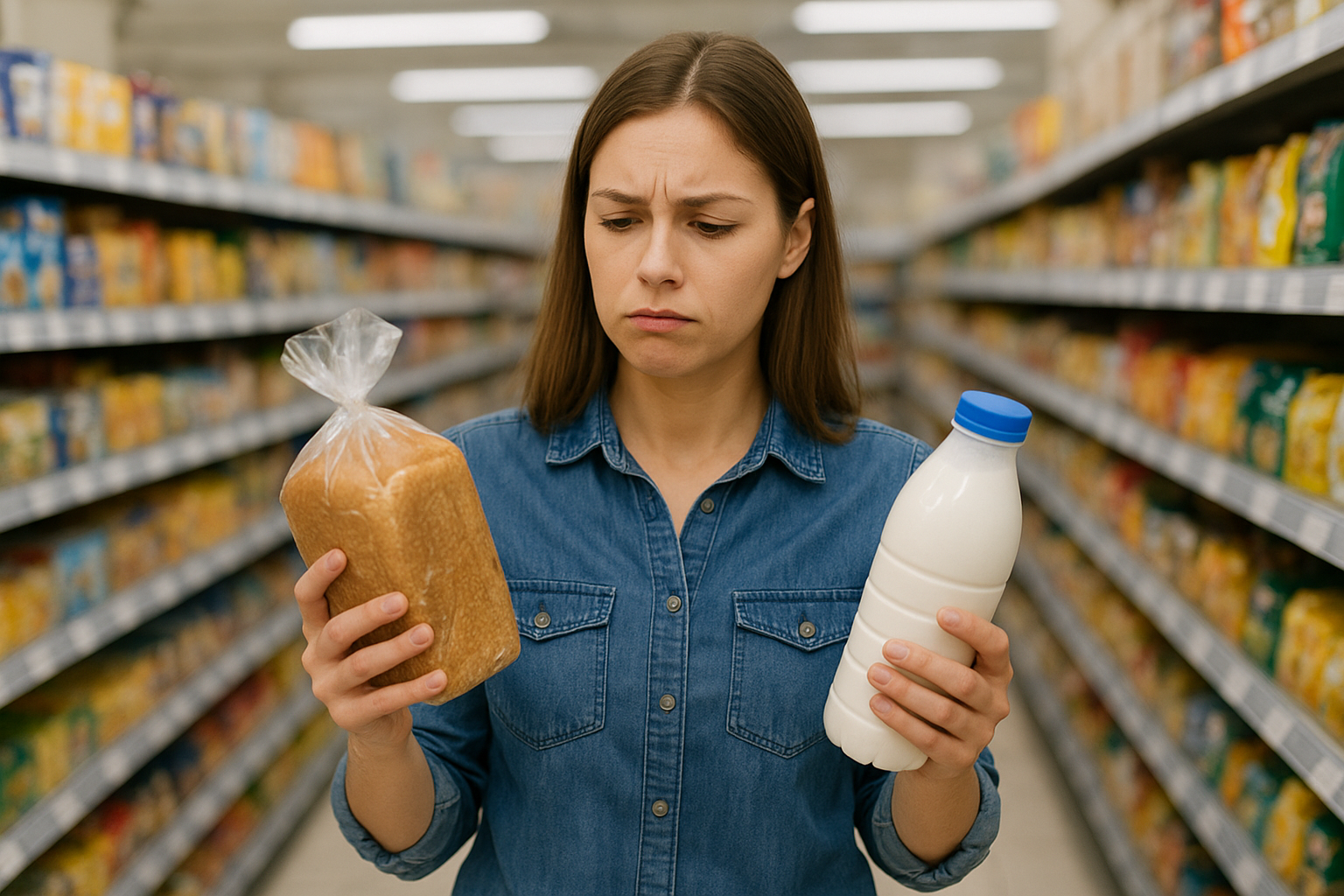 Woman choosing between buying bread or milk