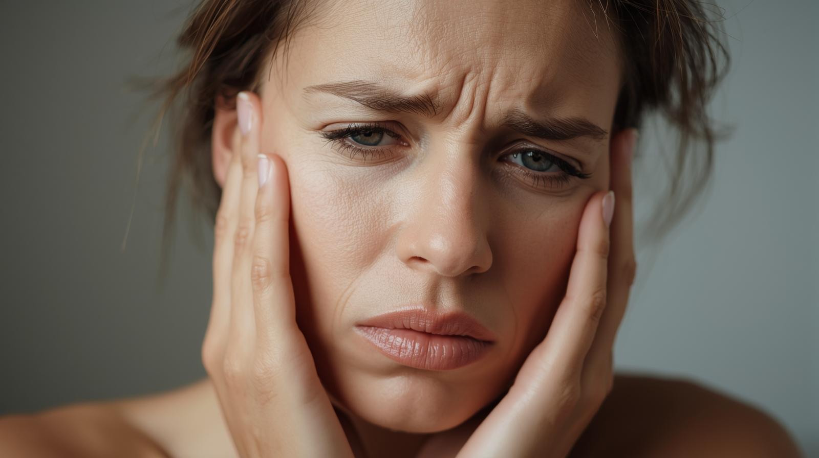 A tired woman massaging her tight jaw.