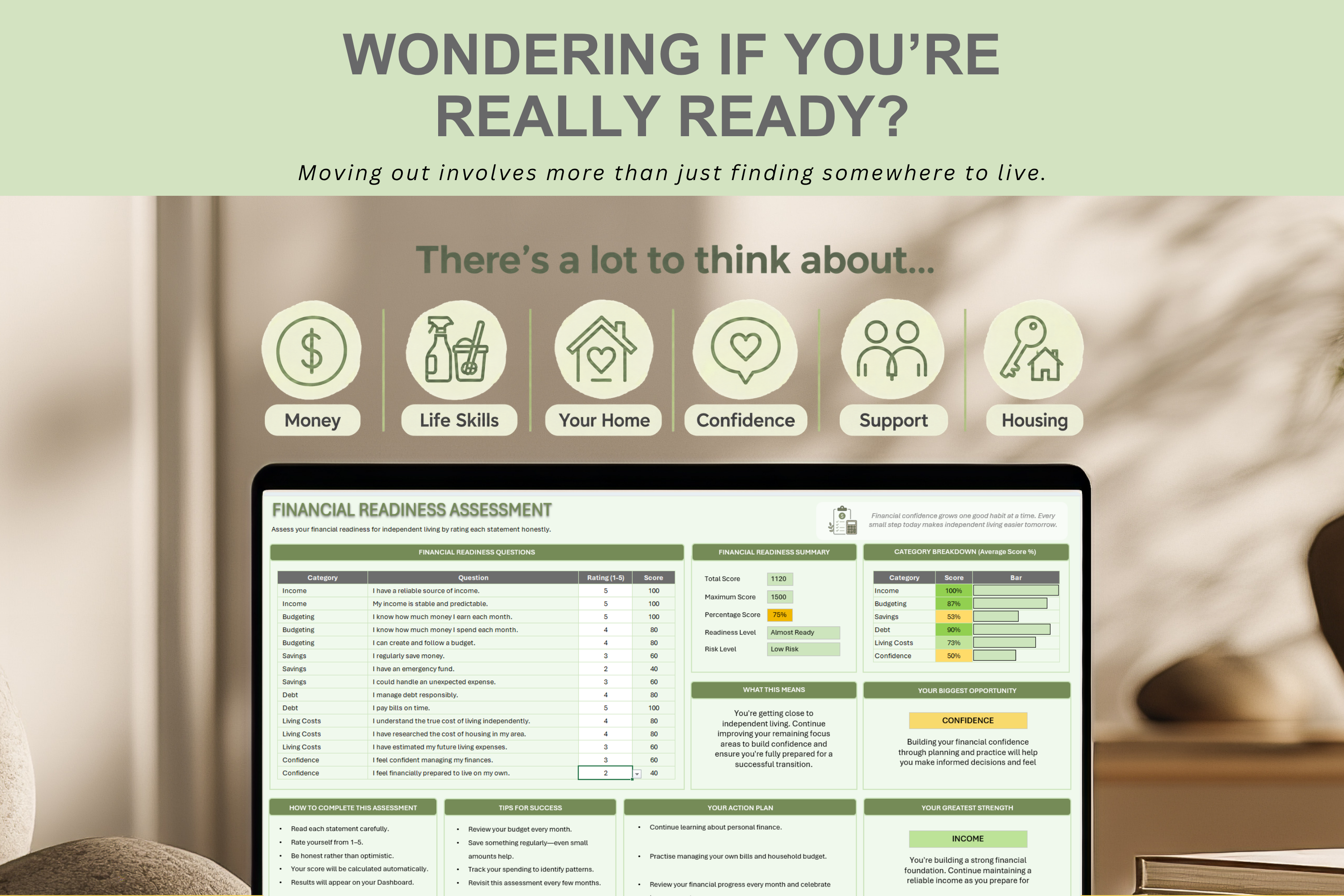 nteractive independent living workbook displayed on a laptop, with icons representing money, life skills, home, confidence, support and housing.